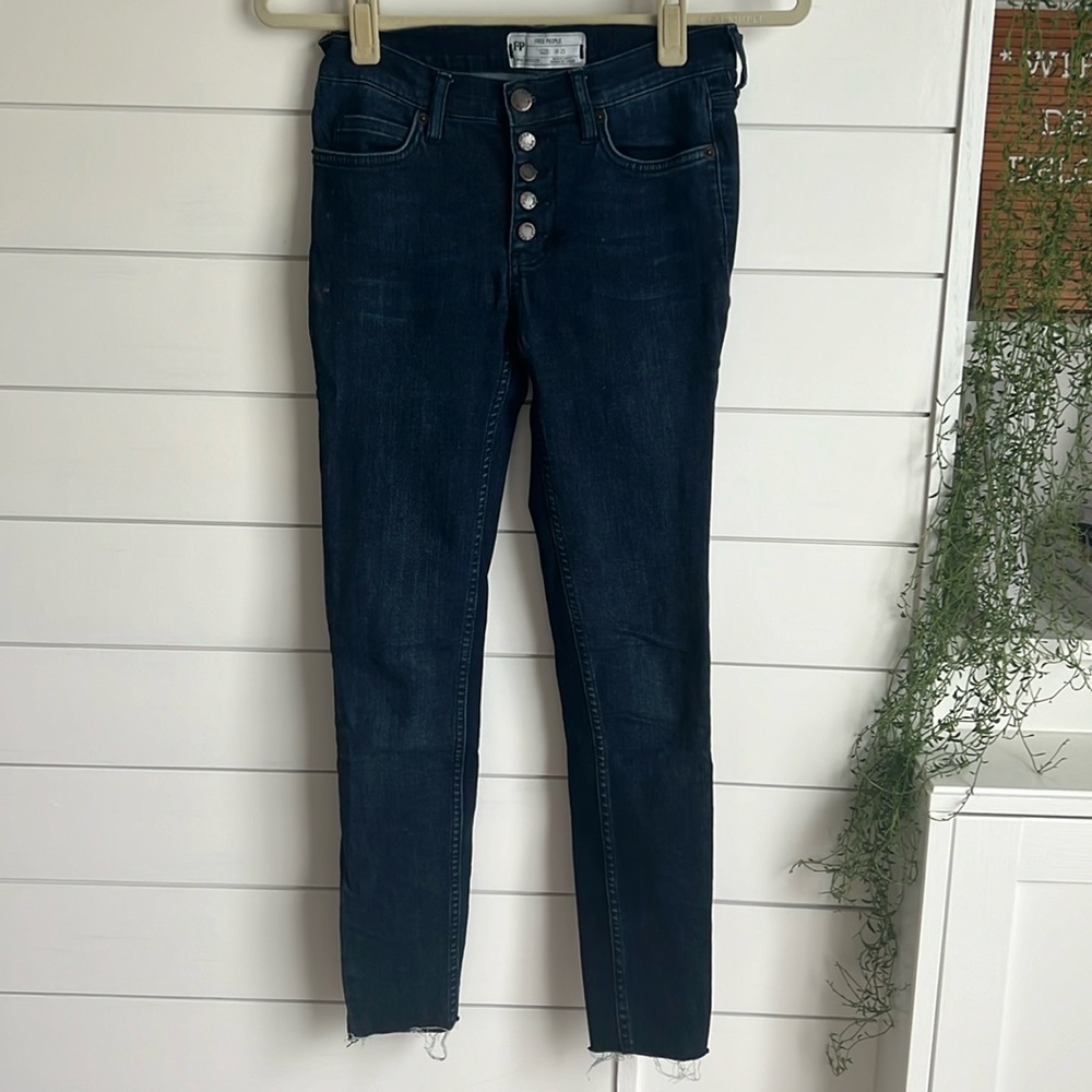 Free People button front dark denim frayed ankle